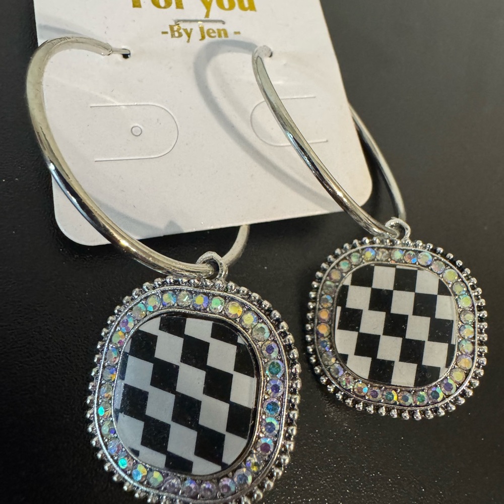 Silver and Black Checkered Earrings with Iridescent accents